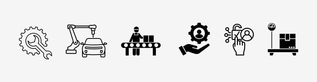 Symbole für die Einsatzbereiche ergonomischer Arbeitsplatzmatten: Metall- und Maschinenbau, Fahrzeugindustrie und Zulieferbetriebe, Montageplätze, Werkstätten und Servicebereiche, Kontroll- und Messplätze sowie Logistikbereiche mit stehenden Tätigkeiten